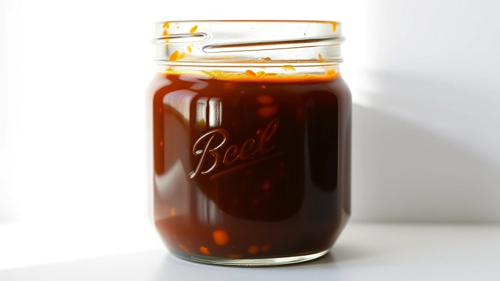 Finished eel sauce in glass storage jar with dark amber color, photographed against white background with natural light, showing thick consistency, sealed container ready for refrigeration