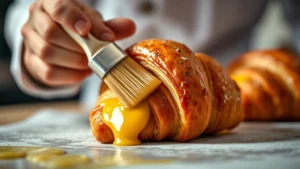 Close-up of pastry chef brushing shiny golden egg wash onto a croissant using a soft pastry brush, morning bakery lighting, shallow depth of field