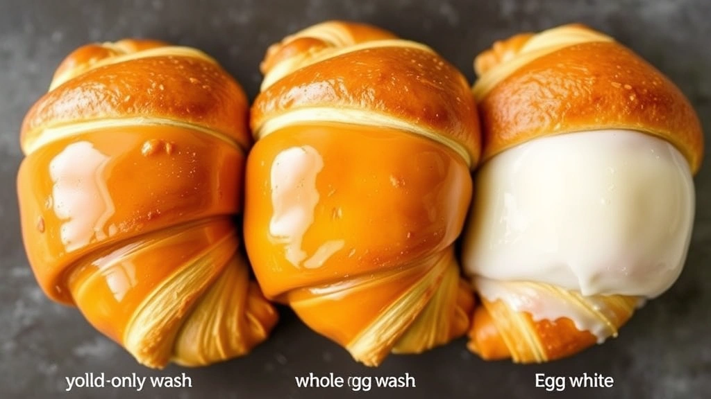 Array of three croissants showing different egg wash finishes side-by-side: glossy mahogany yolk-only wash, medium golden whole egg wash, and matte egg white wash