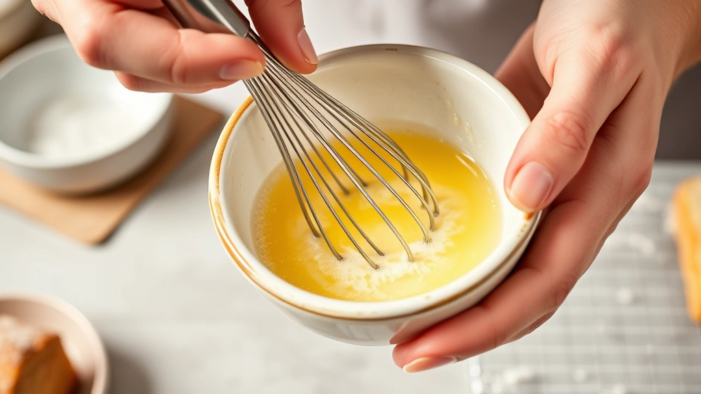 Hands whisking egg wash in a small ceramic bowl with a whisk, showing the mixture becoming frothy and combined, professional bakery kitchen setting