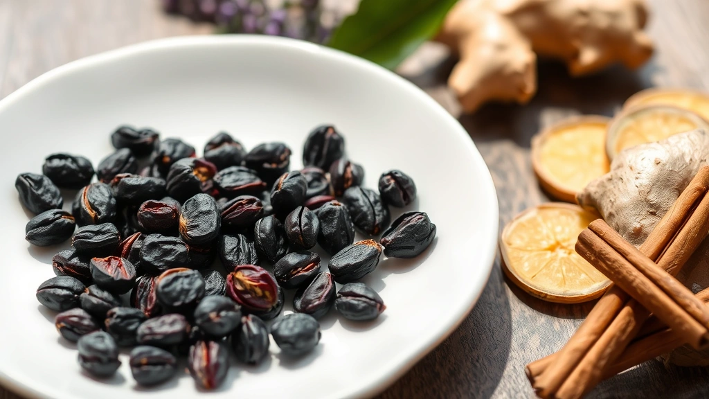 Dark purple dried elderberries scattered on white ceramic plate with fresh ginger slices and cinnamon sticks arranged nearby, natural daylight illuminating the ingredients