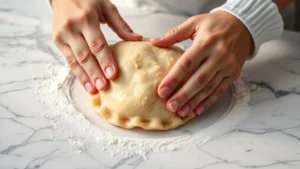 Close-up of hands kneading golden empanada dough on marble countertop, flour dusting the surface, soft morning light illuminating the texture