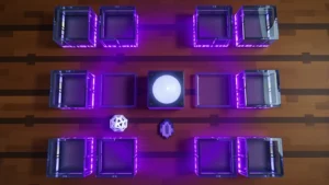 Close-up overhead view of a Minecraft crafting table showing the exact grid pattern with glass blocks, ender pearl in center-top, and ghast tear in middle position, glowing purple aura around materials