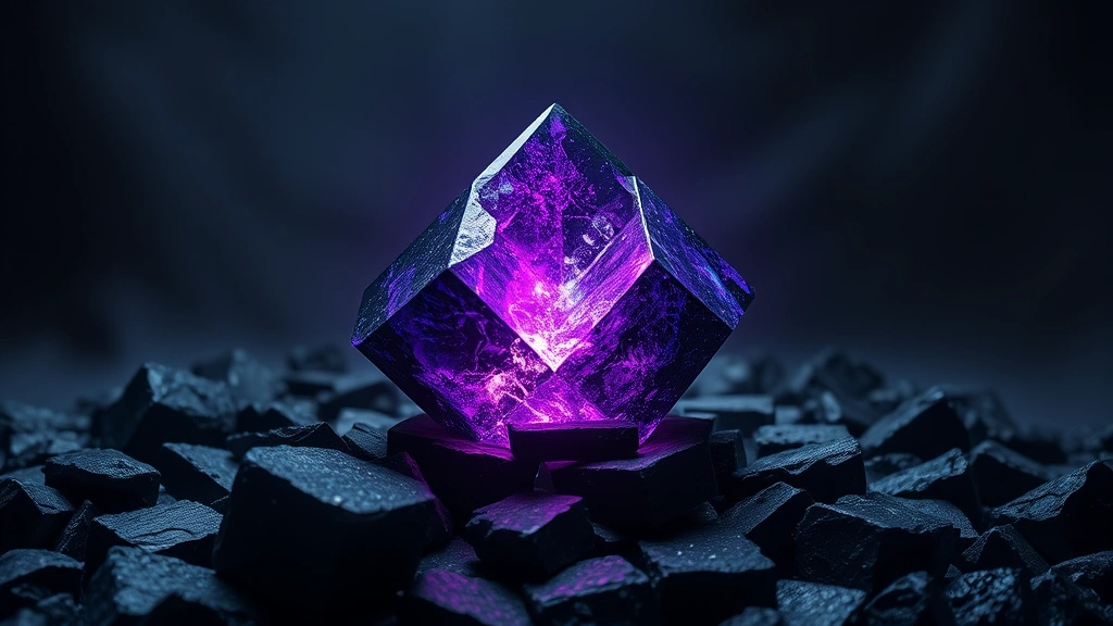 Detailed shot of completed end crystal floating above obsidian surface with bright glowing purple and blue light emanating, surrounded by dark obsidian blocks in the End dimension