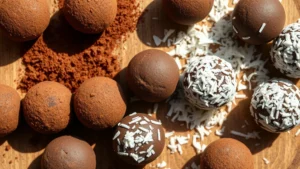 Close-up overhead shot of finished chocolate energy balls arranged on a wooden surface, some coated in cocoa powder and some in shredded coconut, showing texture and variety, natural sunlight casting soft shadows