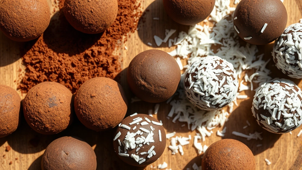 Close-up overhead shot of finished chocolate energy balls arranged on a wooden surface, some coated in cocoa powder and some in shredded coconut, showing texture and variety, natural sunlight casting soft shadows