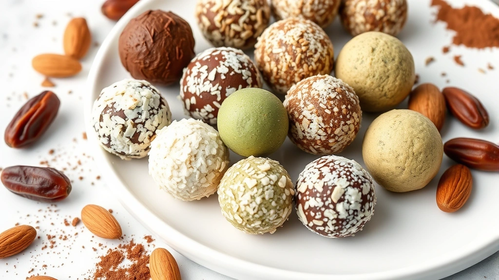 Array of energy ball flavor variations displayed on a white ceramic plate, including chocolate, coconut-coated, and matcha versions, with fresh ingredients scattered around like dates, almonds, and cocoa powder