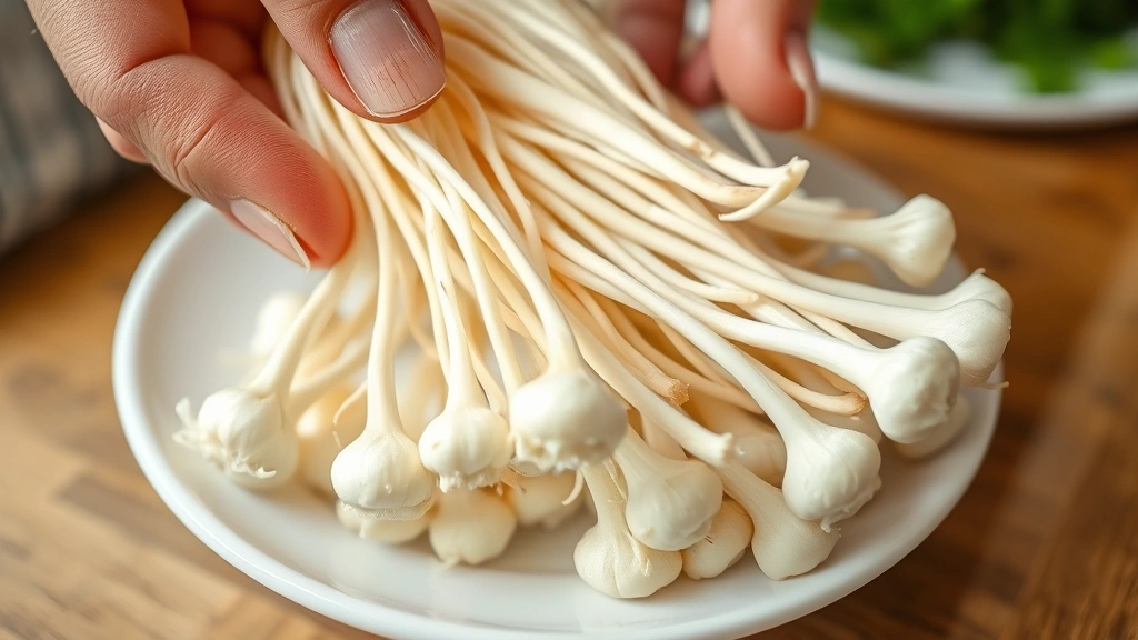 Freshly cleaned enoki mushroom clusters separated by hand, white and pristine with long delicate stems, arranged on a white ceramic plate, bright natural kitchen lighting, shallow depth of field, close-up food photography