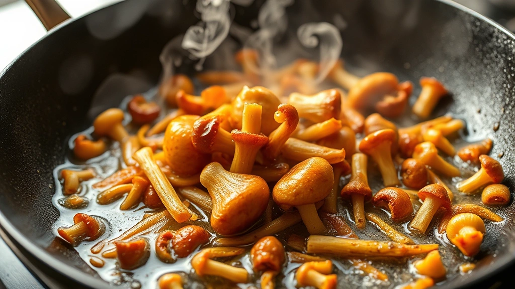 Sizzling hot wok with golden-brown enoki mushrooms cooking in shimmering oil, steam rising, aromatic garlic and ginger visible, high heat cooking action, vibrant and appetizing food preparation scene, professional food photography style