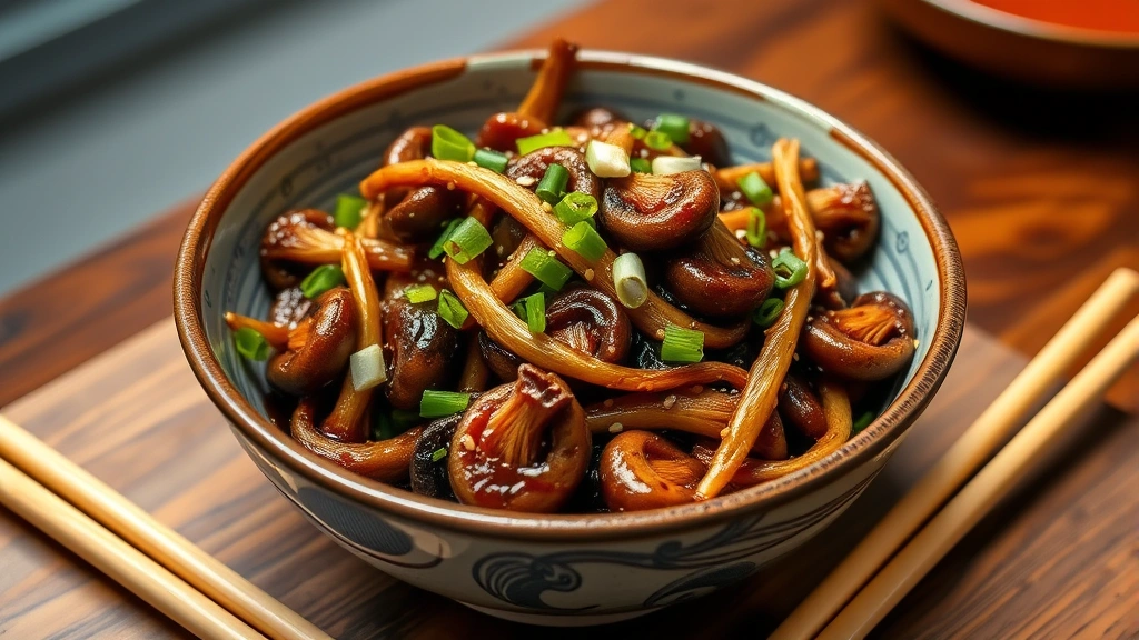 Finished enoki mushroom stir-fry in a beautiful ceramic serving bowl, glossy dark sauce coating mushrooms, garnished with green onions and sesame seeds, wooden chopsticks beside bowl, warm overhead lighting, restaurant-quality plating and presentation