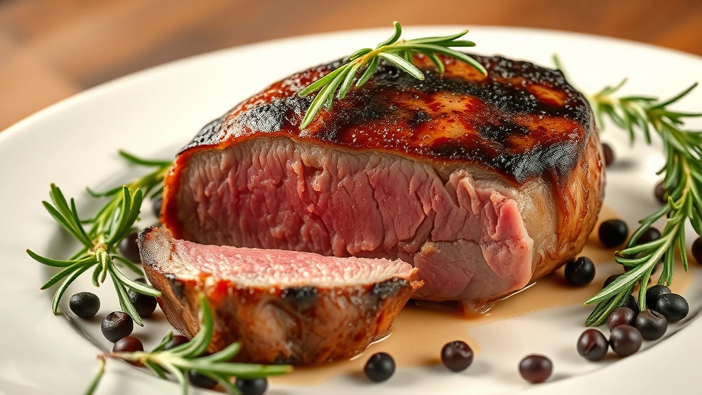 Perfectly seared eye of round roast with dark golden-brown crust on a white ceramic plate, surrounded by fresh rosemary sprigs and peppercorns, professional restaurant plating, warm studio lighting