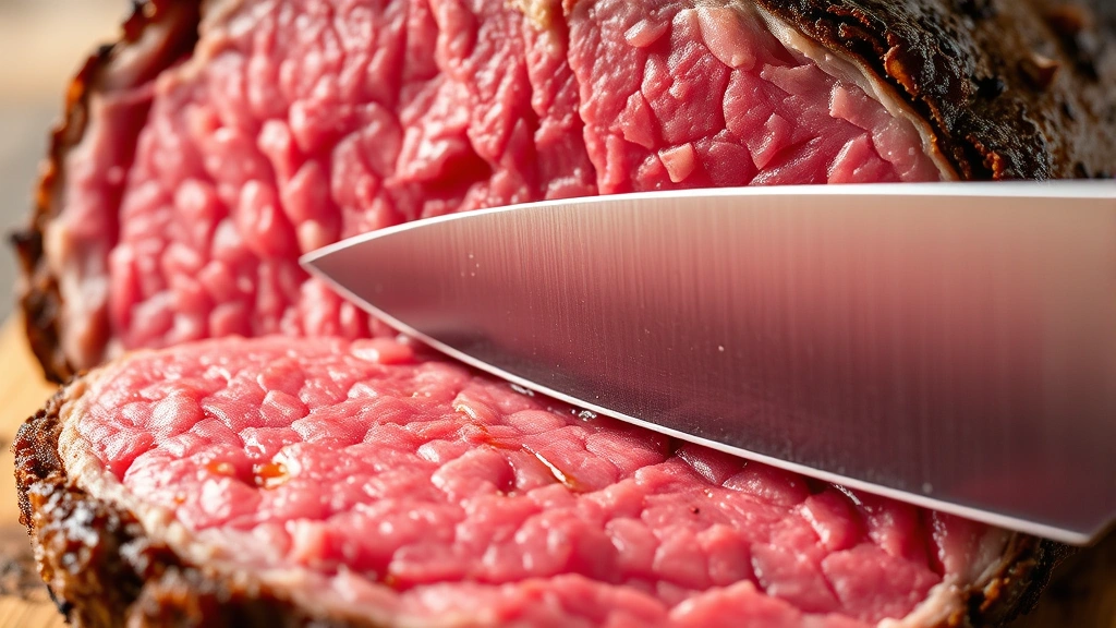 Close-up of sharp carving knife slicing against the grain through medium-rare eye of round roast, showing perfect pink center and tender texture, juices glistening on meat surface