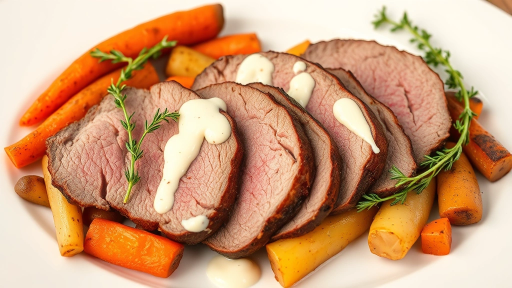 Plated eye of round roast slices fanned on white dish with roasted root vegetables (carrots, potatoes, parsnips), fresh thyme garnish, creamed horseradish sauce drizzled artfully, professional food photography