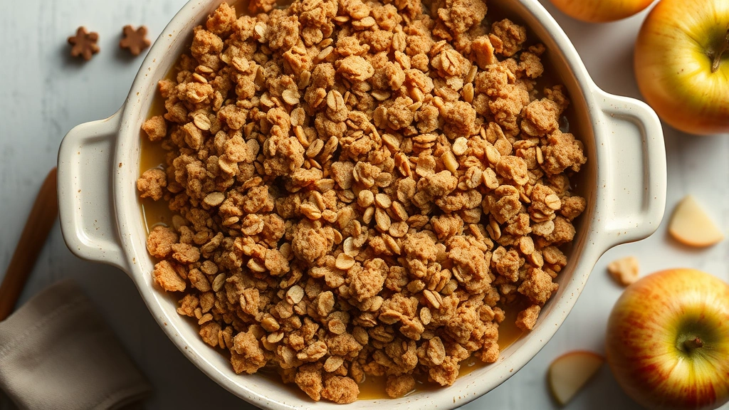 Overhead shot of golden-brown apple cinnamon crisp with crumbly oat topping in ceramic baking dish, steam rising, fresh apples scattered nearby
