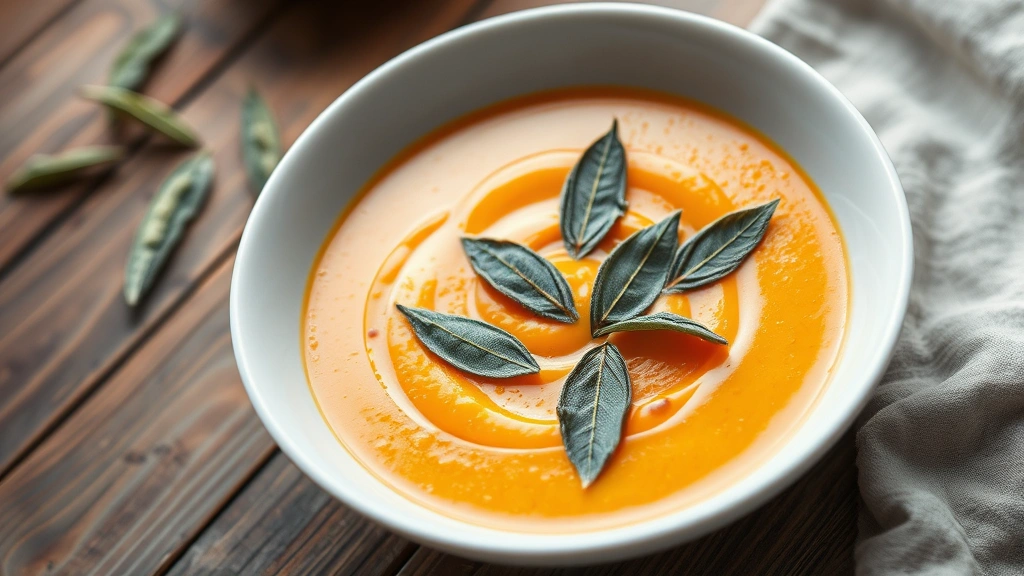 Creamy butternut squash soup in white bowl with sage brown butter drizzle, crispy sage leaves floating on top, rustic wooden table background