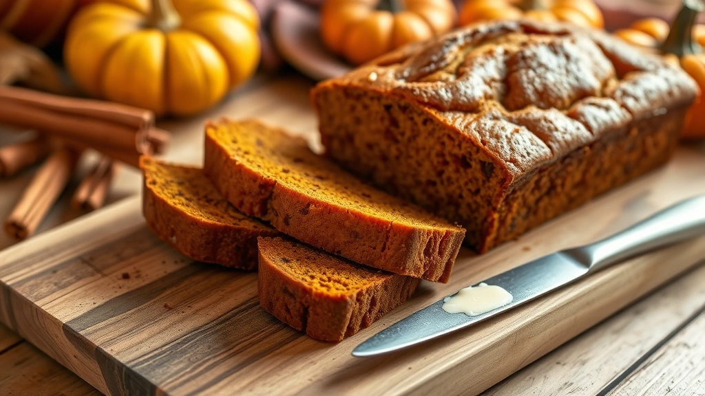 Sliced spiced pumpkin bread on wooden cutting board with butter knife, warm autumn lighting, cinnamon sticks and pumpkins in background