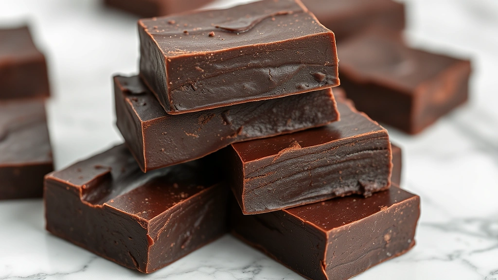 Close-up of rich dark chocolate fudge pieces stacked on white marble surface with smooth, glossy finish and clean cut edges, soft natural lighting highlighting texture