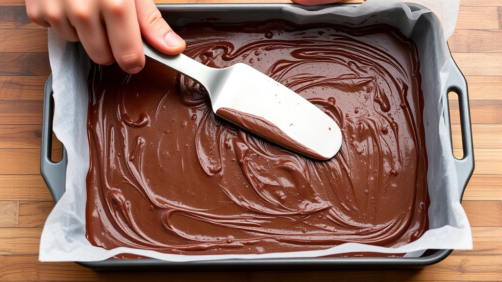 Hands using offset spatula to press chocolate fudge mixture evenly into parchment-lined pan, showing proper technique and even distribution of mixture