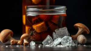Close-up of fermented dark liquid in glass jar with brown mushrooms, spider web, and sugar crystals arranged artfully beside jar, moody lighting, dark background
