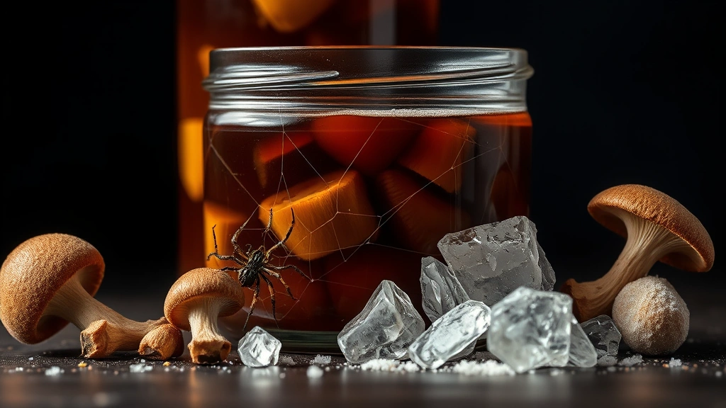Close-up of fermented dark liquid in glass jar with brown mushrooms, spider web, and sugar crystals arranged artfully beside jar, moody lighting, dark background