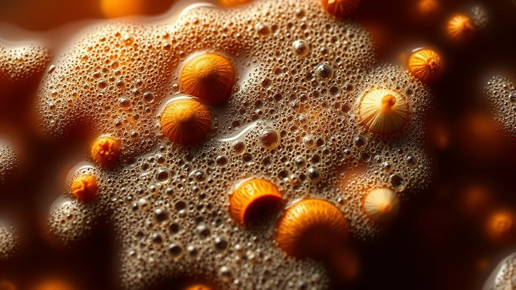 Detailed macro photography of fermentation process showing bubbling liquid surface with brown mushroom pieces suspended in dark amber liquid, professional kitchen lighting