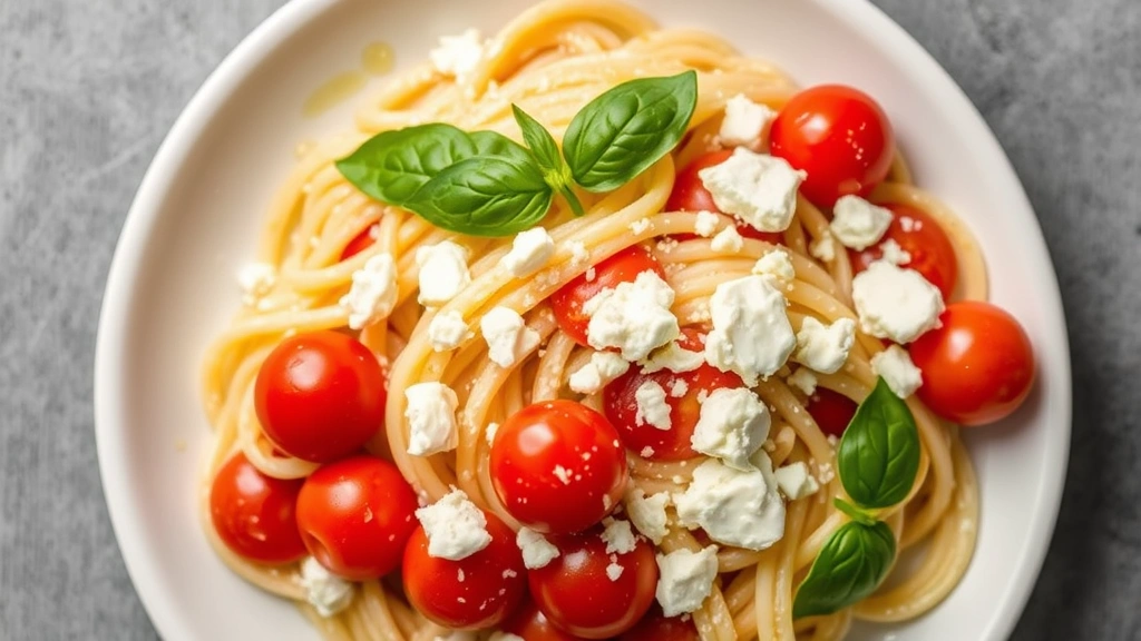 Overhead shot of creamy feta pasta with cherry tomatoes, fresh basil leaves, and crumbled white feta cheese glistening with olive oil on a white ceramic plate