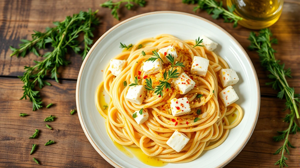 Plated feta pasta garnished with fresh oregano sprigs, lemon zest, red pepper flakes, and drizzle of golden olive oil, styled on rustic wooden table with fresh herbs scattered nearby