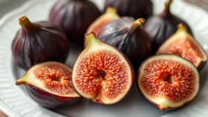 Close-up of ripe fresh figs showing deep purple skin and pink interior flesh, arranged on white ceramic plate with soft natural morning light, shallow depth of field