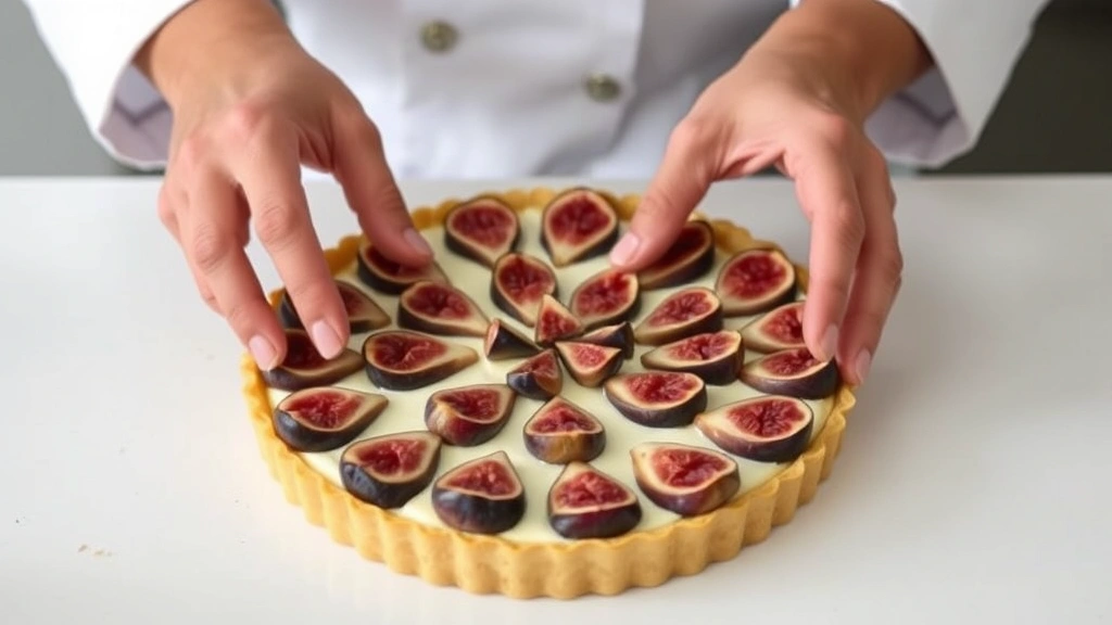 Hands arranging fresh fig quarters in concentric circles on almond cream filling inside golden-brown tart shell, pastry chef technique demonstration, professional kitchen setting