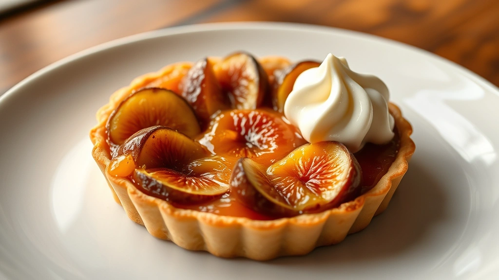 Finished fig tart with apricot glaze glistening under warm lighting, garnished with fresh whipped cream quenelle on the side, elegant plated dessert presentation