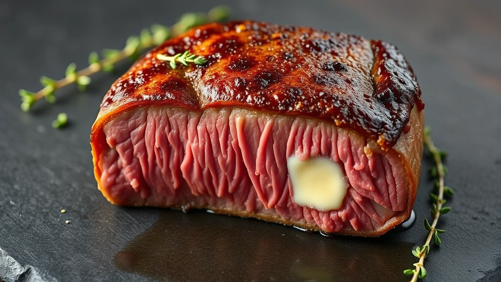Perfectly seared filet mignon with golden brown crust, medium-rare interior cross-section visible, fresh thyme and butter basting, professional plating on dark slate