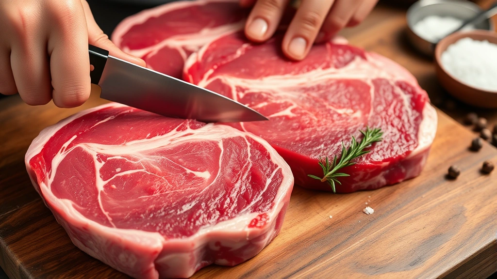 Raw filet mignon steaks showing marbling and color, hands trimming silverskin with sharp knife, preparation workspace with kosher salt and peppercorns nearby