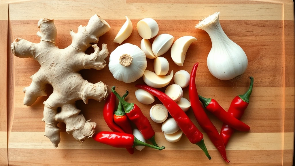 Overhead view of fresh ginger root, garlic cloves, horseradish root, and cayenne peppers arranged on a wooden cutting board, unpeeled and raw, natural lighting from window