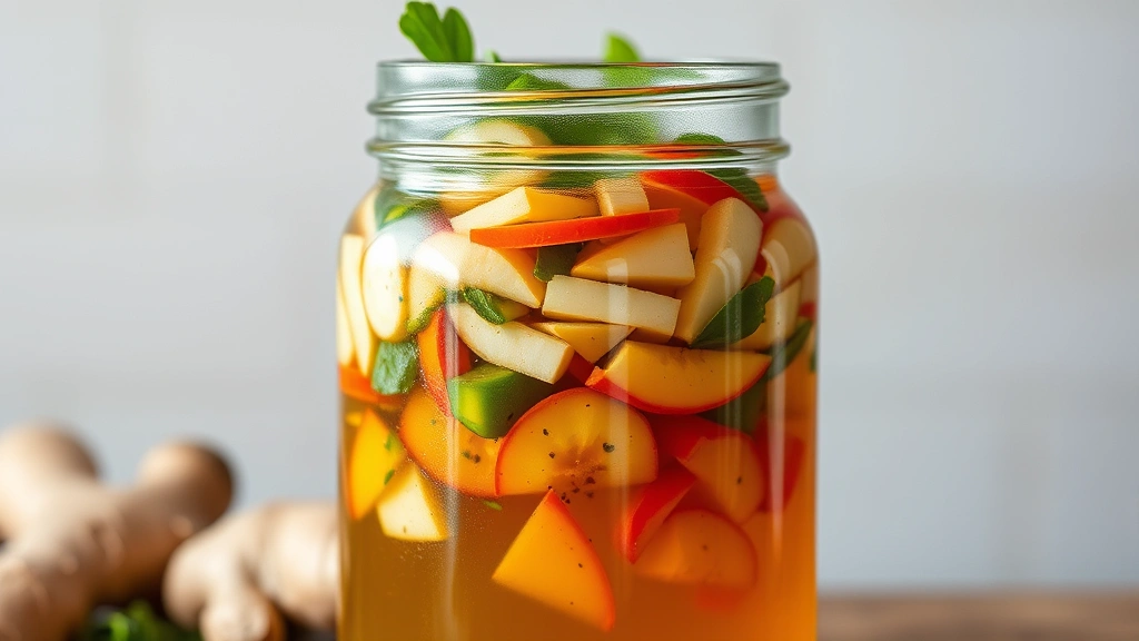 Glass quart jar filled with layered chopped vegetables and herbs submerged in amber apple cider vinegar, with visible ginger pieces and herbs, shot against neutral background