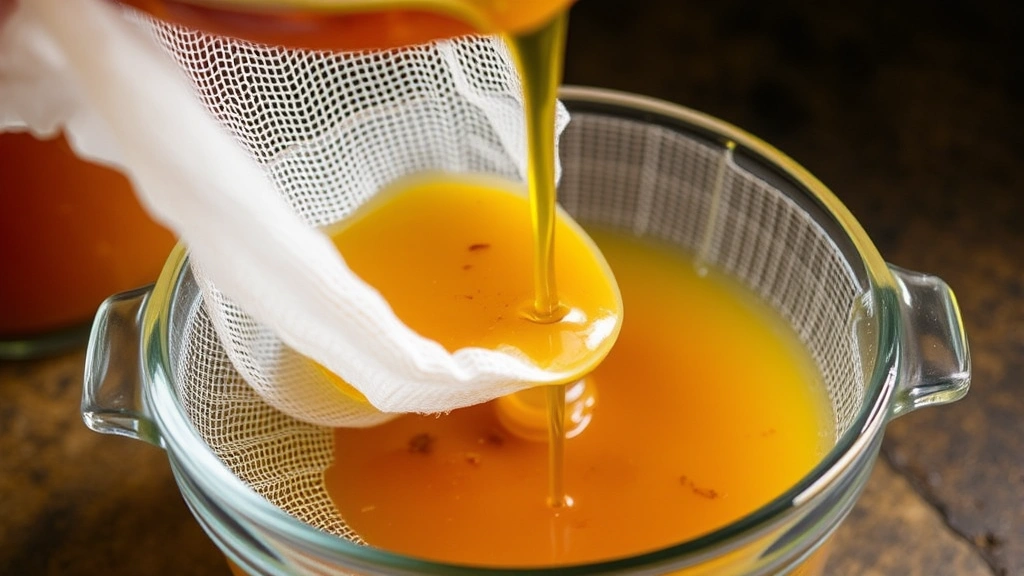 Finished fire cider being strained through fine cheesecloth into a glass bowl, golden-amber liquid dripping through, with spent vegetable solids visible in cloth