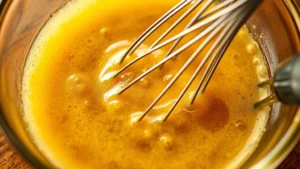 Close-up of whisking French dressing in a glass bowl, showing emulsified creamy texture with oil and vinegar combining, wooden whisk in motion, warm kitchen lighting
