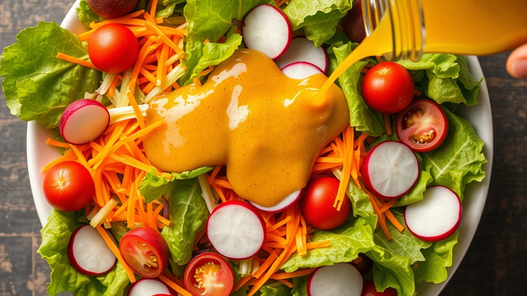 Overhead shot of fresh salad with vibrant lettuce, shredded carrots, sliced tomatoes, and radishes being dressed with golden French dressing poured from a jar