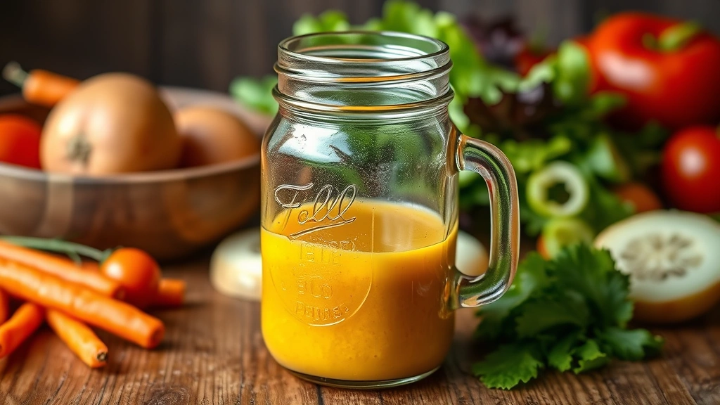 Finished French dressing in a clear glass mason jar with golden-orange creamy color, jar sitting on wooden table with fresh vegetables and salad ingredients around it