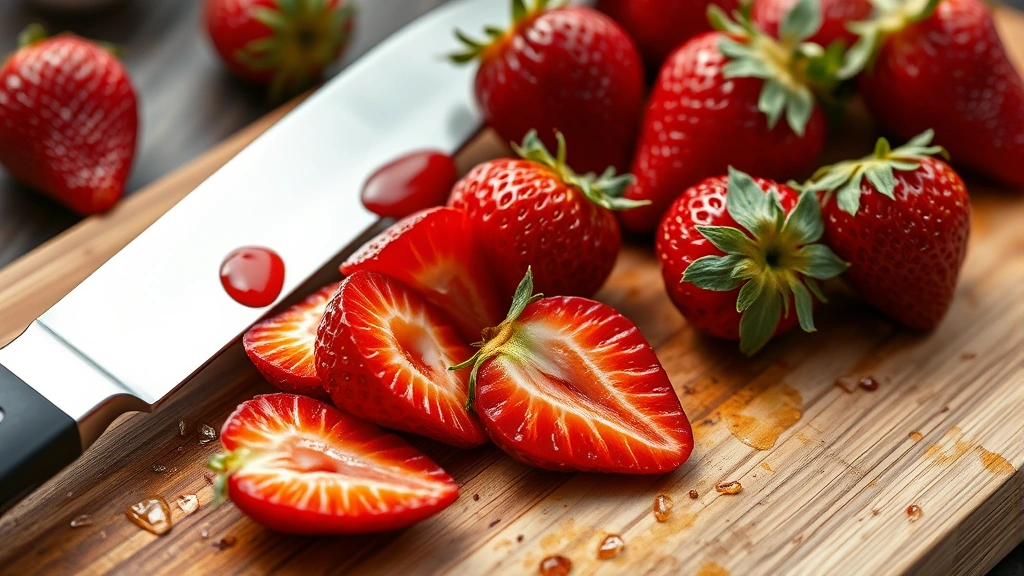 Fresh ripe strawberries being sliced on a wooden cutting board with a sharp chef's knife, showing vibrant red color and juice glistening on the blade