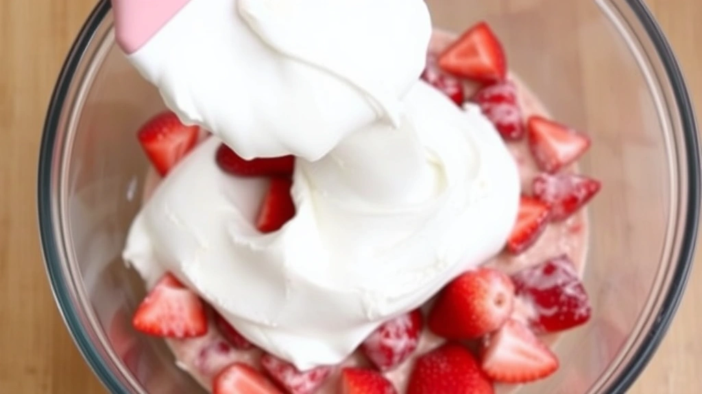 Whipped cream being folded into macerated strawberries in a glass bowl using a rubber spatula, showing the creamy mixture with red strawberry pieces visible