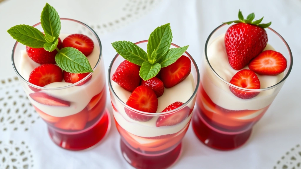 Three clear dessert glasses filled with fresas con crema, topped with whole fresh strawberries and a mint leaf, with ruby-colored berry juices visible at the bottom, photographed from above on a white tablecloth