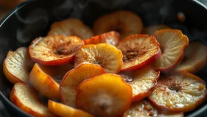 Golden-brown fried apple slices with caramelized edges in a cast-iron skillet, cinnamon and nutmeg sprinkled on top, steam rising, warm lighting