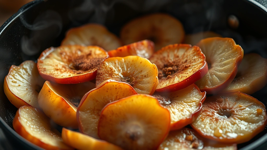 Golden-brown fried apple slices with caramelized edges in a cast-iron skillet, cinnamon and nutmeg sprinkled on top, steam rising, warm lighting