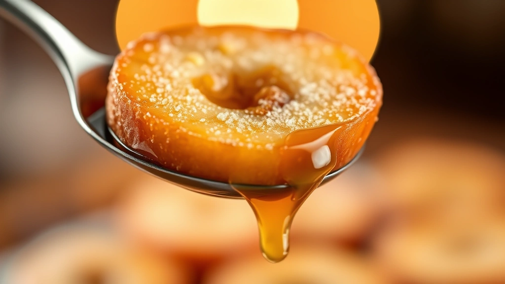 Close-up of a spoon holding a perfect fried apple slice with glossy caramel coating, melting slightly, soft warm background bokeh