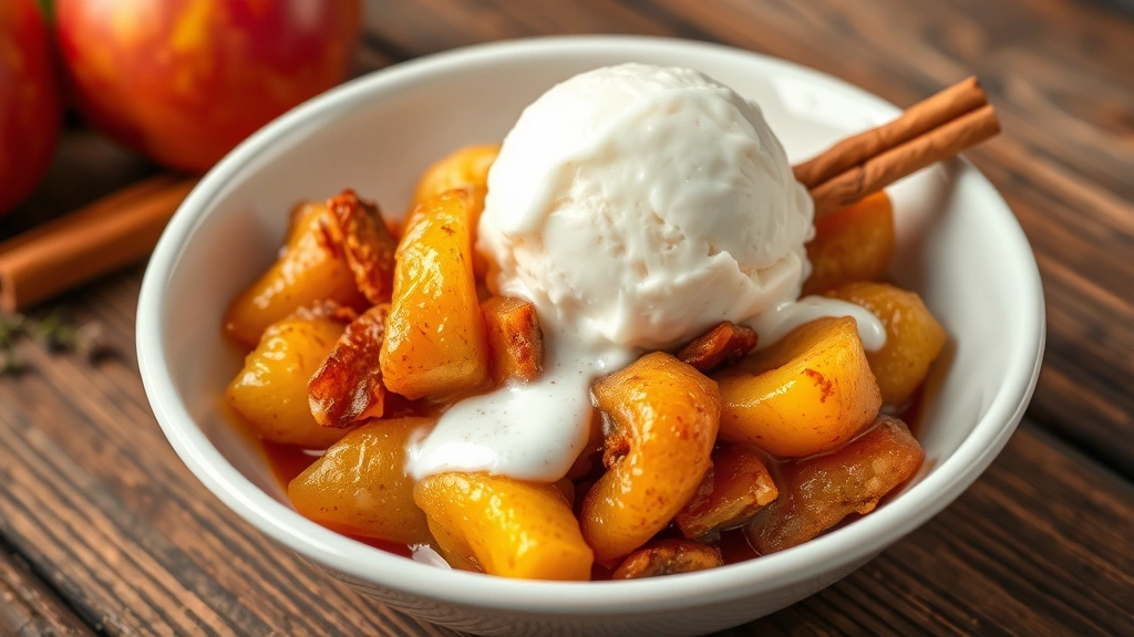 Warm fried apples served in a white ceramic bowl topped with vanilla ice cream melting into the fruit, cinnamon stick garnish, rustic wooden table