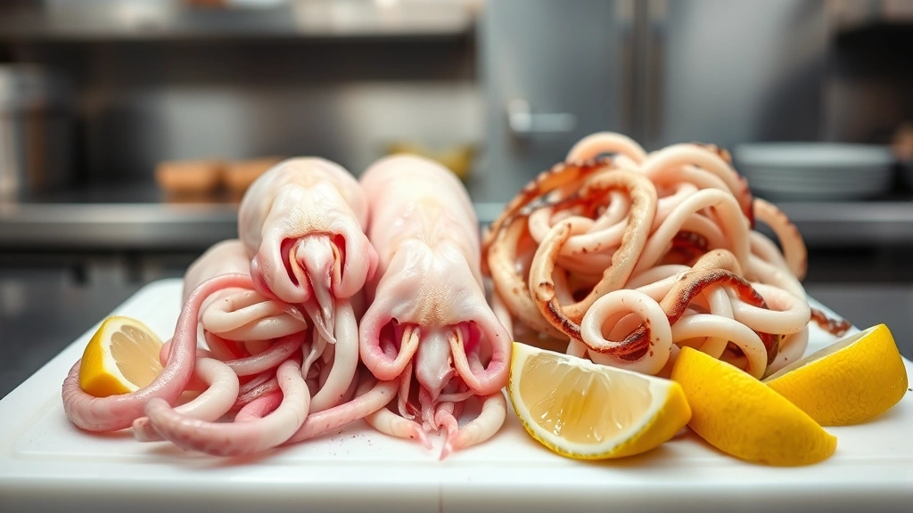 Fresh whole squid and cleaned calamari rings on white cutting board with lemon wedges, professional kitchen lighting