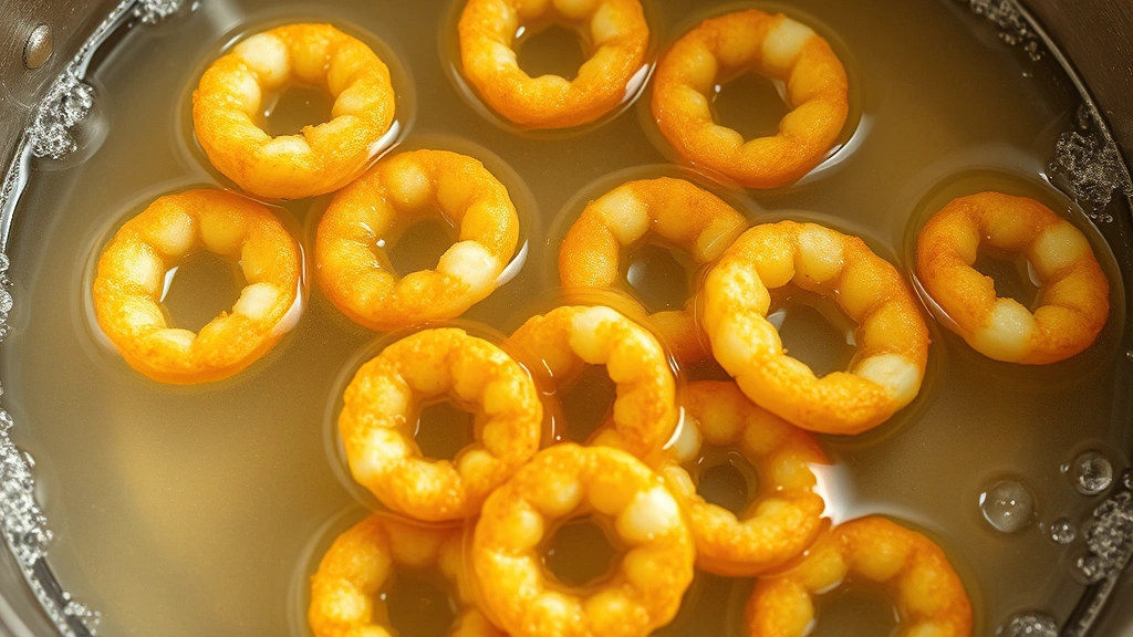 Golden-brown fried calamari rings floating in clear hot oil, bubbling actively, thermometer visible showing 350°F