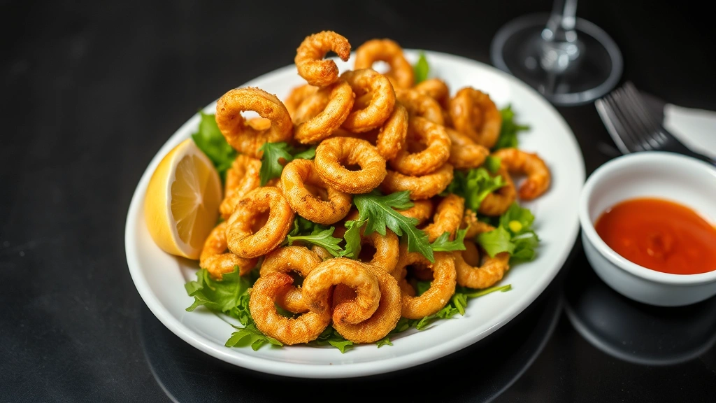 Plated crispy fried calamari served on white dish with arugula, lemon wedges, and small white bowl of marinara sauce nearby