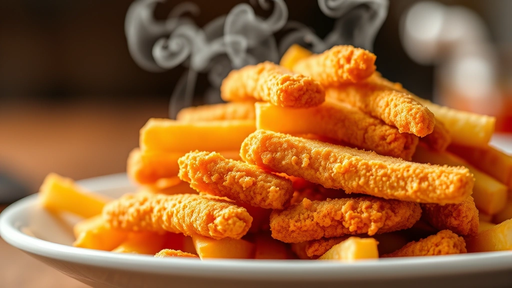 Close-up of golden-brown crispy chicken fries stacked on white plate with steam rising, showing perfect breading texture and color, professional food photography style