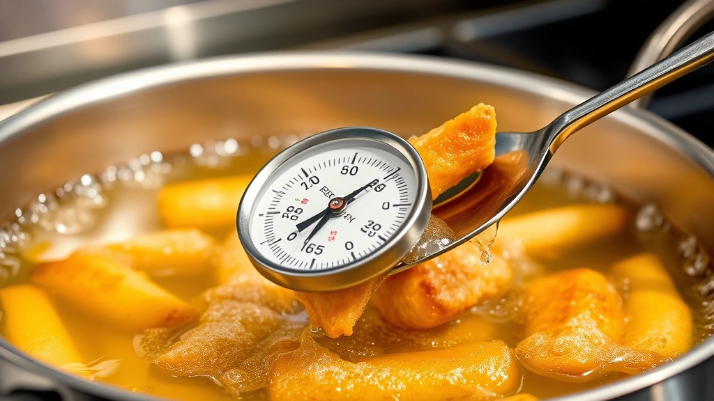 Thermometer inserted in bubbling hot oil showing 365 degrees, chicken fries being carefully lowered into golden oil with slotted spoon, professional kitchen setup